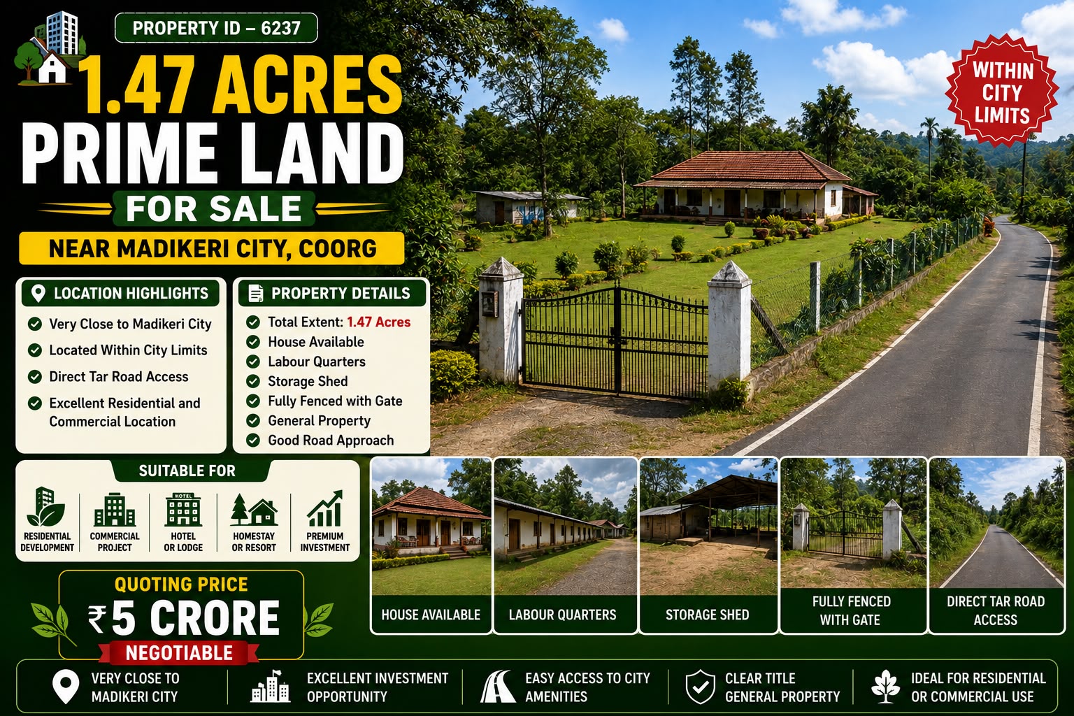 🆔 *PROPERTY ID – 6237* 🏡🏙️ *1.47 Acres Prime Land for Sale – Near Madikeri City, Coorg